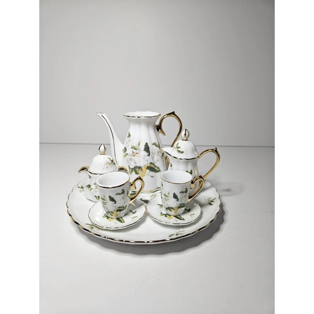 Mini Bone China Tea Set White Floral Gold Gilt Footed Cups Creamer Teapot 7pc